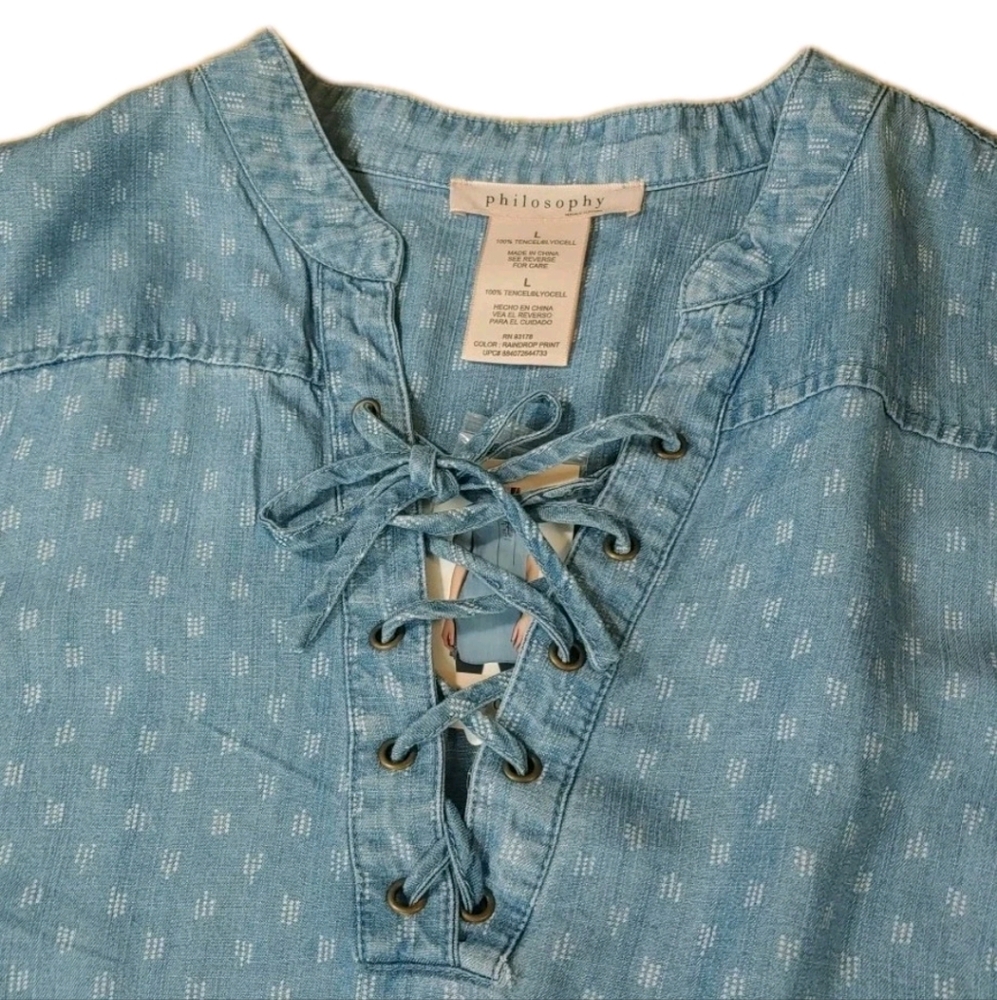Philosophy Tunic Shirt Dress Woman Large Blue Raindrop Print Tencel Lace Up Nwt - Picture 9 of 14